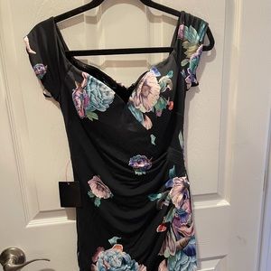 Off the shoulder mini black floral dress